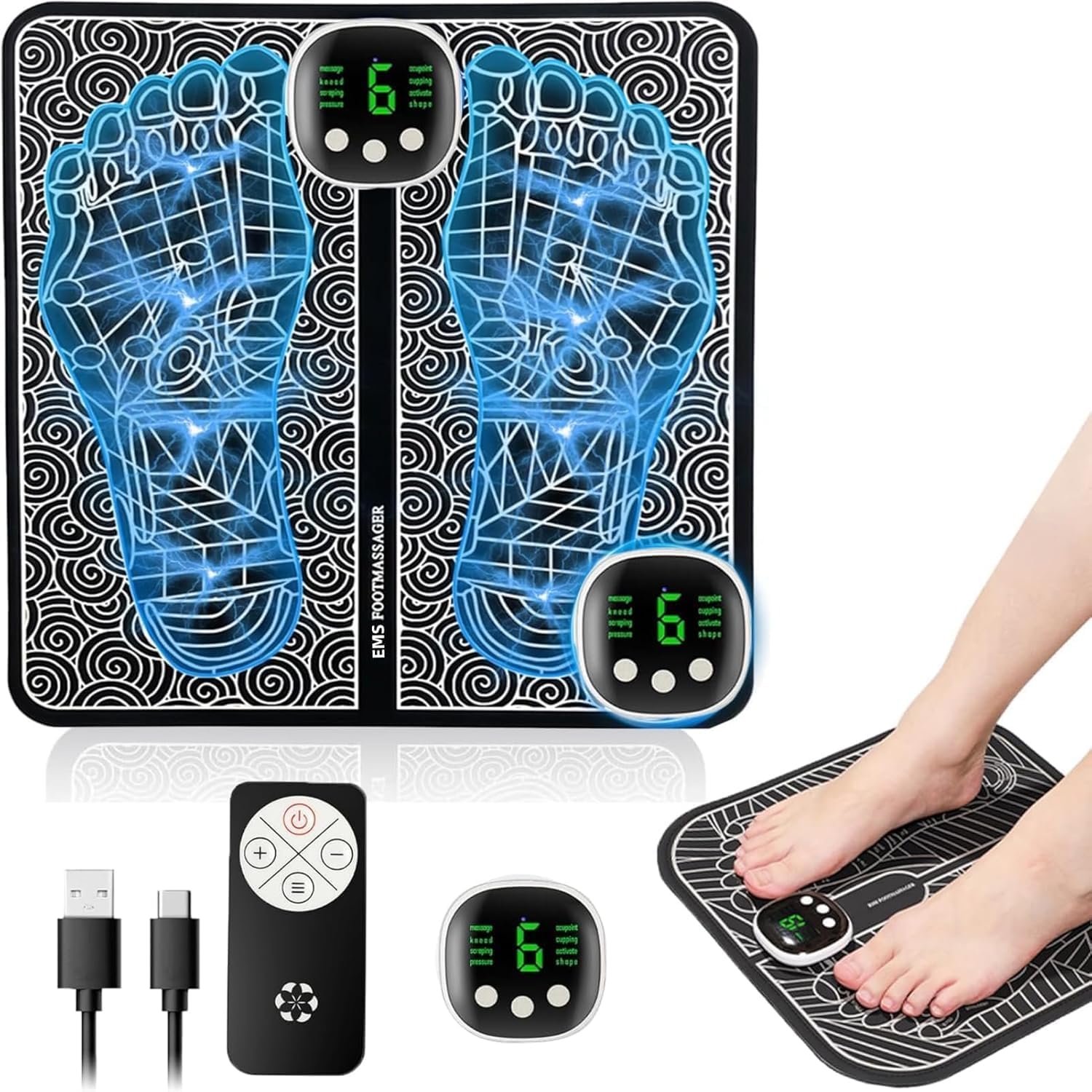 EMS Foot Massager with 19 Intensity Levels & 8 Modes, Electric Foot Massager Mat for Pain Relief, Muscle Relaxation, and Improved Circulation