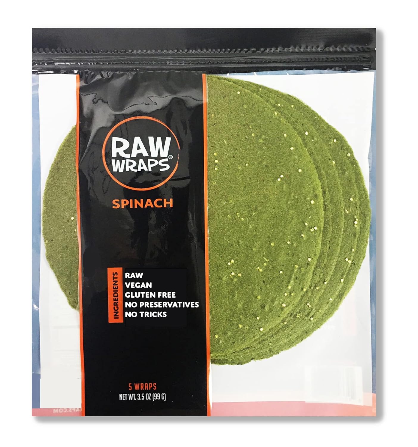 Raw Wraps, Gluten Free, Paleo, Vegan, Keto Friendly Food, Shelf Stable, 5 Wraps per Pack, Vegan, Low Carb Tortilla Wraps, Spinach Flavor