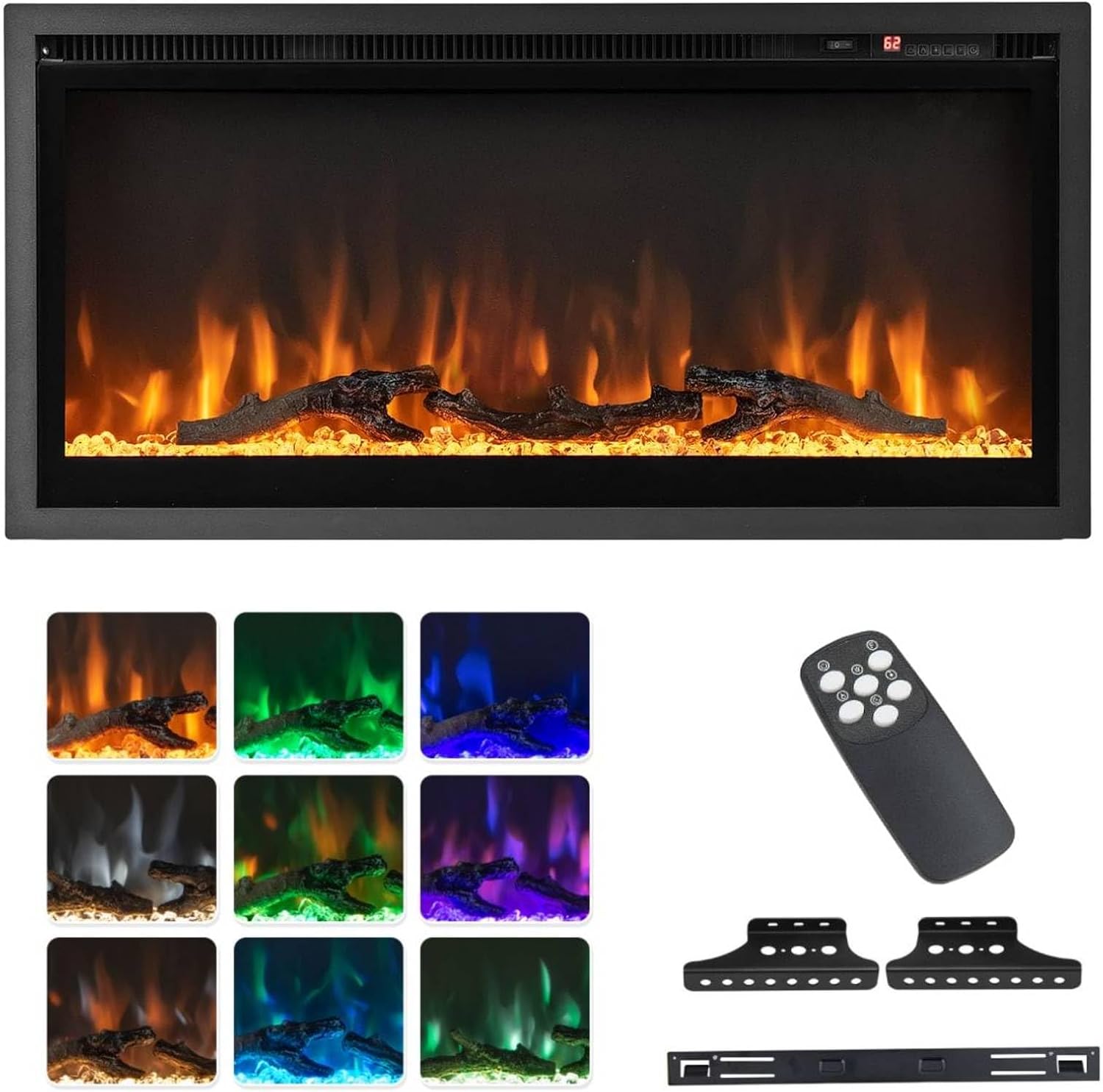 TANGZON 36"/91cm Electric Fireplace, Wall Mounted Recessed Freestanding Fireplace Heater with Log & Crystal Decor, 9 Flame Colors, 5 Brightness, Remote Control, 8H Timer & Thermostat, 750W/1500W