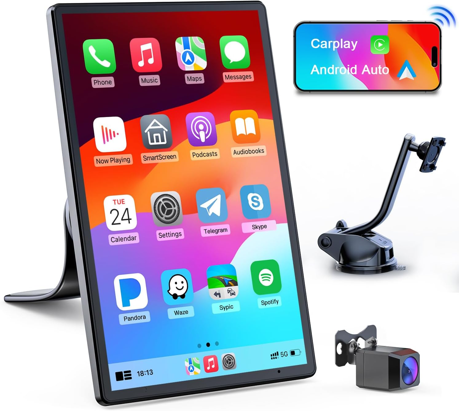 8'' Wireless Apple Carplay Screen & Android Auto, Portrait & Landscape Screen, OTA, Magnetic Mount, 1080P Backup Camera, Portable Car Stereo, GPS Navigation, Bluetooth/Voice Control/Mirror Link