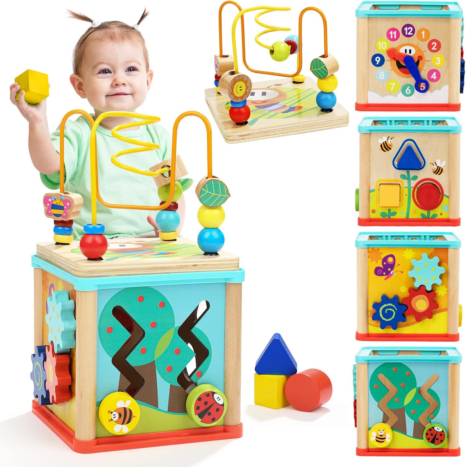 TOP BRIGHT Wooden Shape Sorter Activity Cube Toys for 1 Year Old Baby - 1st Birthday Gifts for Girl and Boy 12 Months Plus