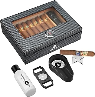 XIFEI Cigar Humidor, Glass Top Carbon Fiber Texture top Inlay Hygrometer,Including Cigar humidifier, Acrylic Cigar Stand,Cigar Ashtray and Humidor Solution, Holds 25-60 Cigars (9IN*7.5 * 2.8)