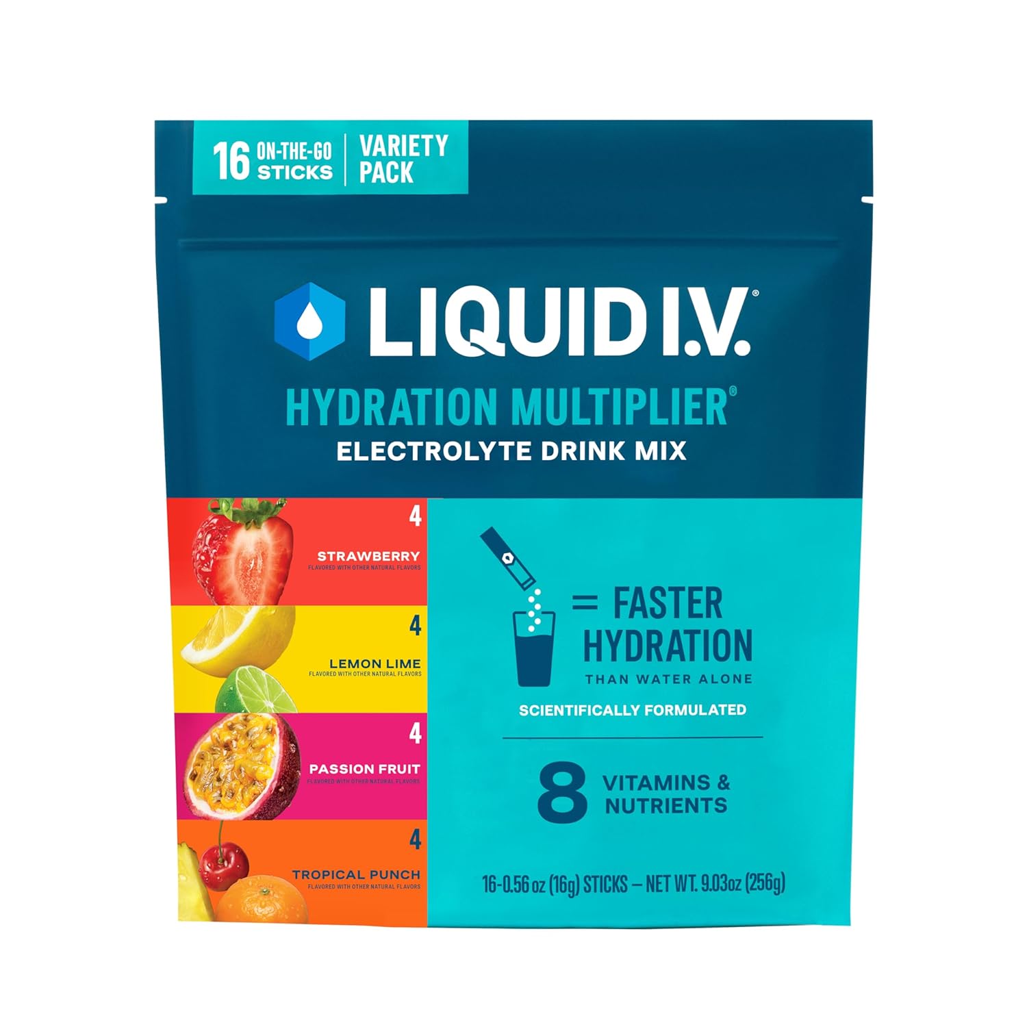 Liquid I.V.® Hydration Multiplier - Variety Pack - Lemon Lime, Passion Fruit, Strawberry, Tropical Punch | Electrolyte Powder Drink Mix | 1 Pack (16 Servings)