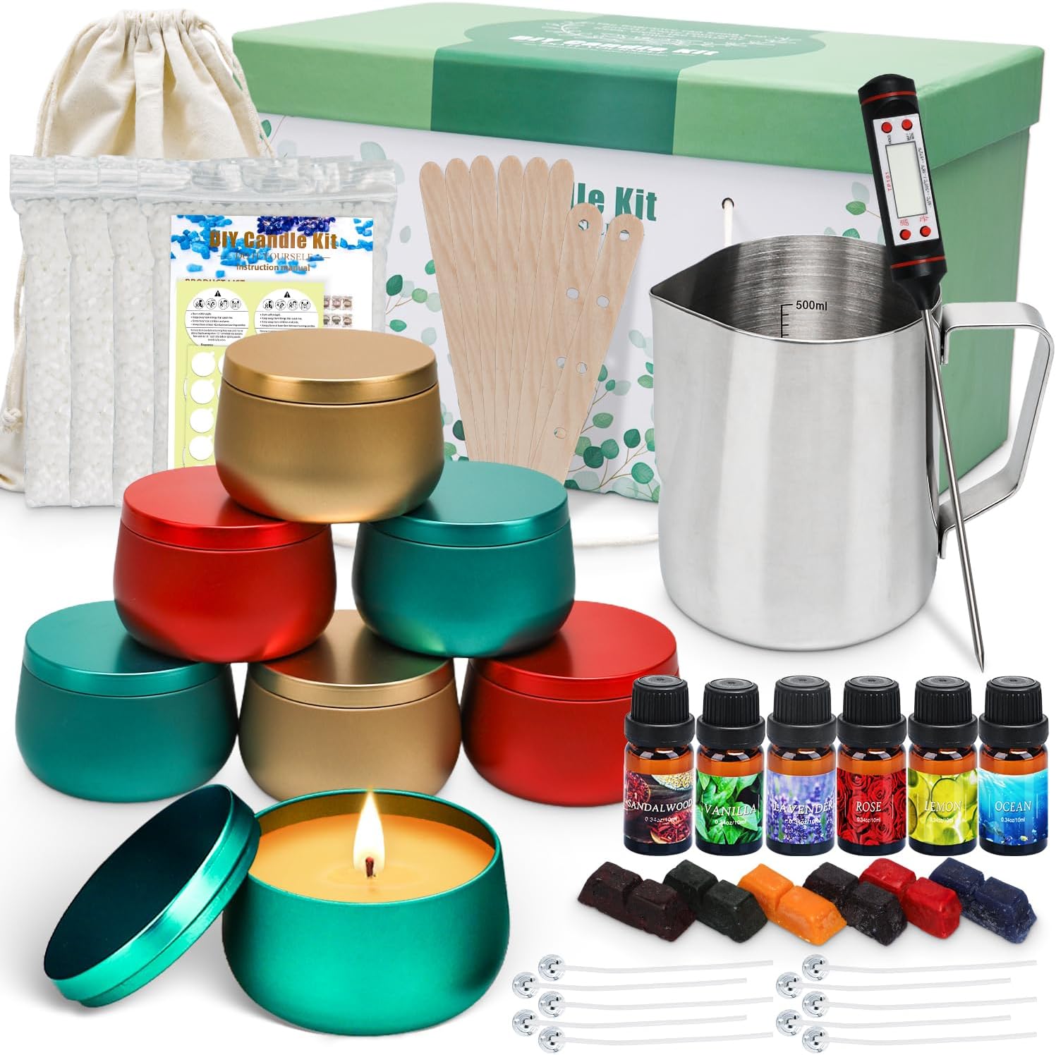 Candles Making Kit for Adult, DIY Scented Candles Gift Set, Candle Craft Supplies Full Starter Set with 800g Bee Wax, Fragrance Oil, Cotton Wicks, Candle Pigment, Wicks Sticker, Tins & More