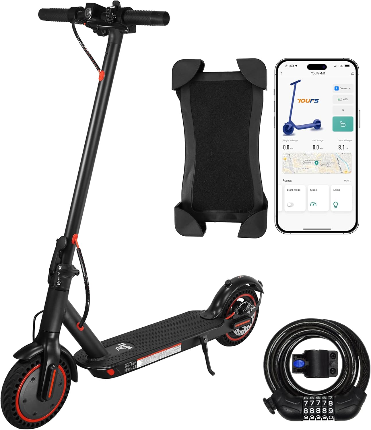 8.5 Inch Electric Scooters, 10.4Ah Class A Battery, 3 Speed ​​Modes, 15-21 Miles Range & 120kg Load with Cell Phone Holder & Car Lock
