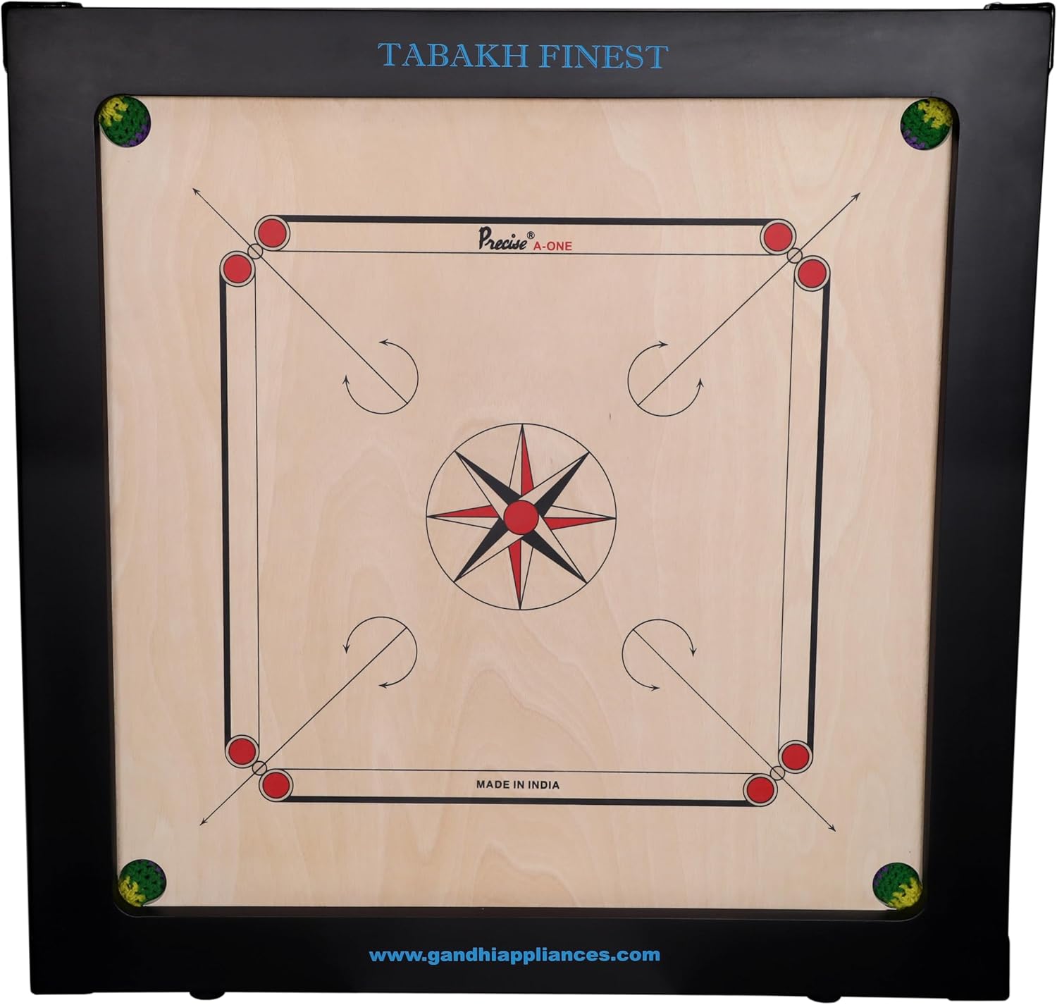 T TABAKH Precise Finest 12mm Carrom Board with Coins, Striker, and Powder, Black, 4 Players, Ages 7 and Up
