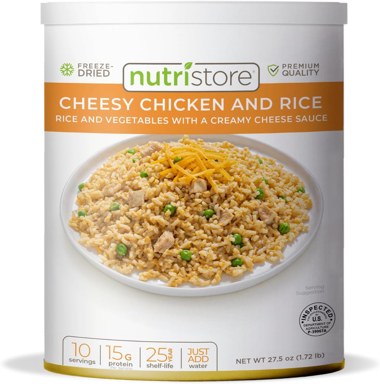 Nutristore Freeze-Dried Cheesy Chicken and Rice | Emergency Survival Bulk Food Storage Meal | Perfect for Everyday Quick Meals and Long-Term Storage | 25 Year Shelf Life | USDA Inspected (1-Pack)
