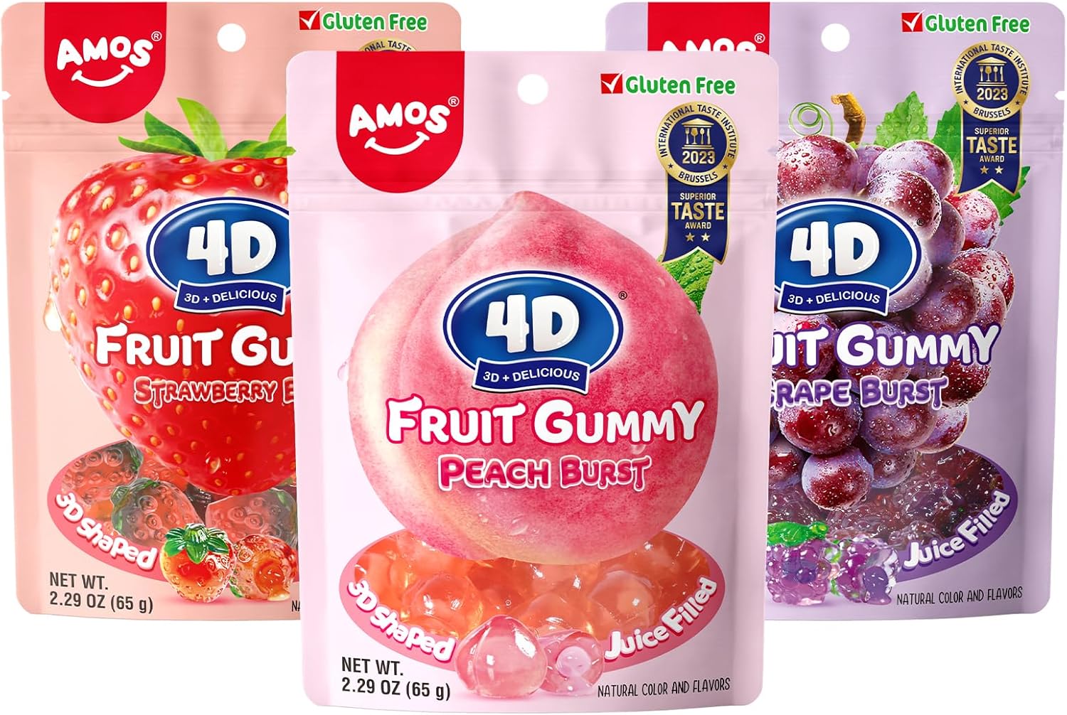 AMOS 4D Gummy Sweets, Fruit Burst Sweet Candy 3 Flavors (Strawberry & Peach & Grape) Sweets, Center Fill Real Fruit Juice Gums Candy, Chews Snacks Sweet for Party 65G Per Bag-3Bags