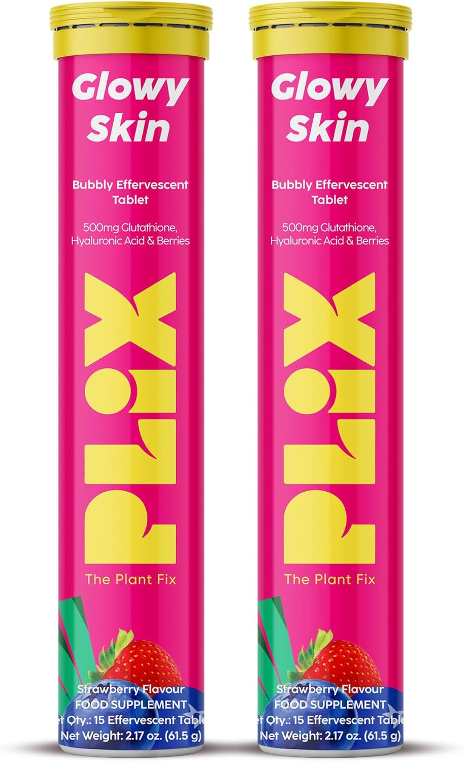 PLIX Glowy Skin 500mg Glutathione Supplement with Hyaluronic Acid, Vitamin C, E & Berries | 30 Effervescent Tablets, Strawberry Flavor