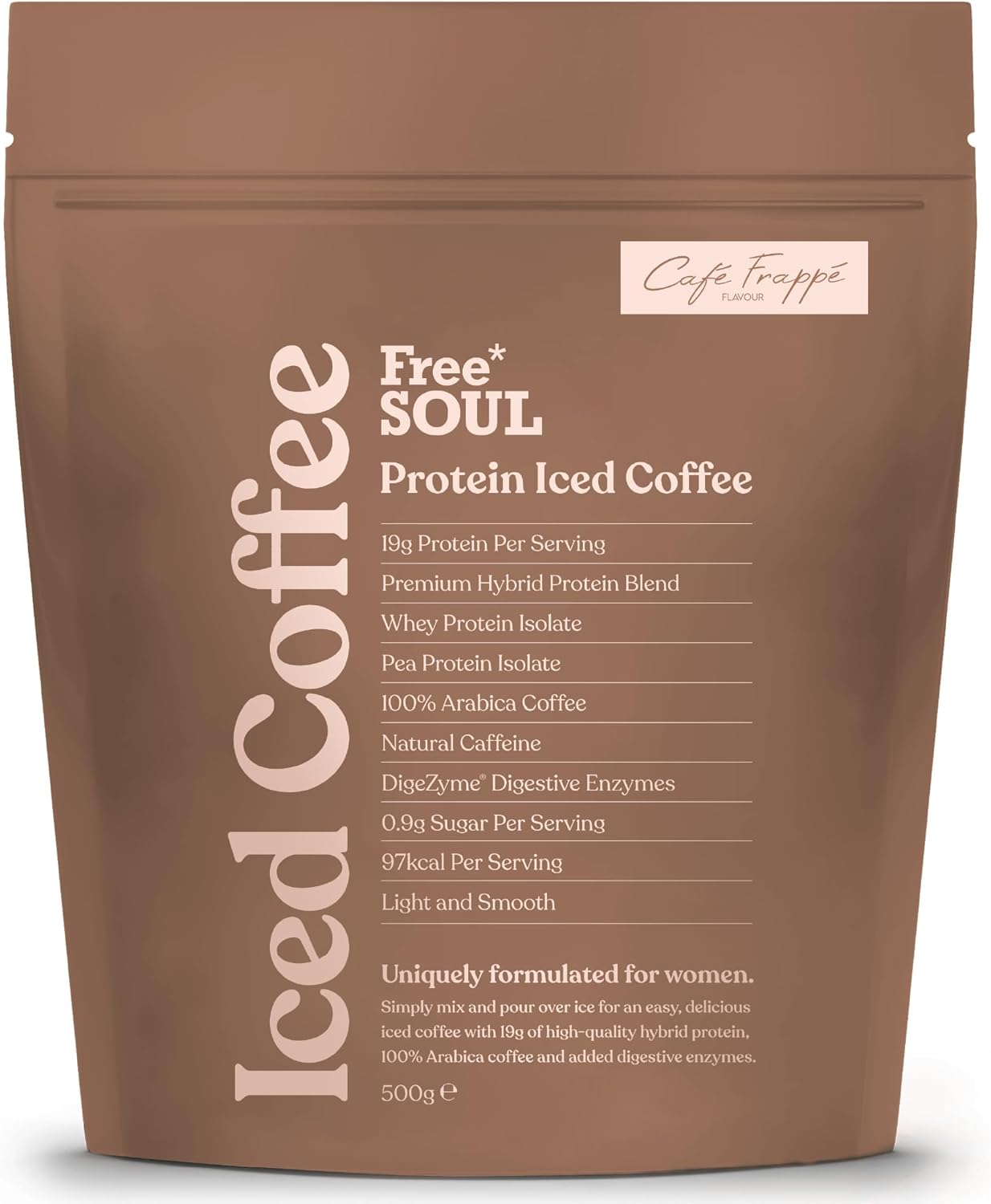 Protein Iced Coffee | 19g Protein & 80mg Caffeine per Serving | Only 97Kcal | Low Calorie + High Protein | Whey Protein & Pea Protein Isolate Blend + Digestive Enzymes | Café Frappé | Free Soul