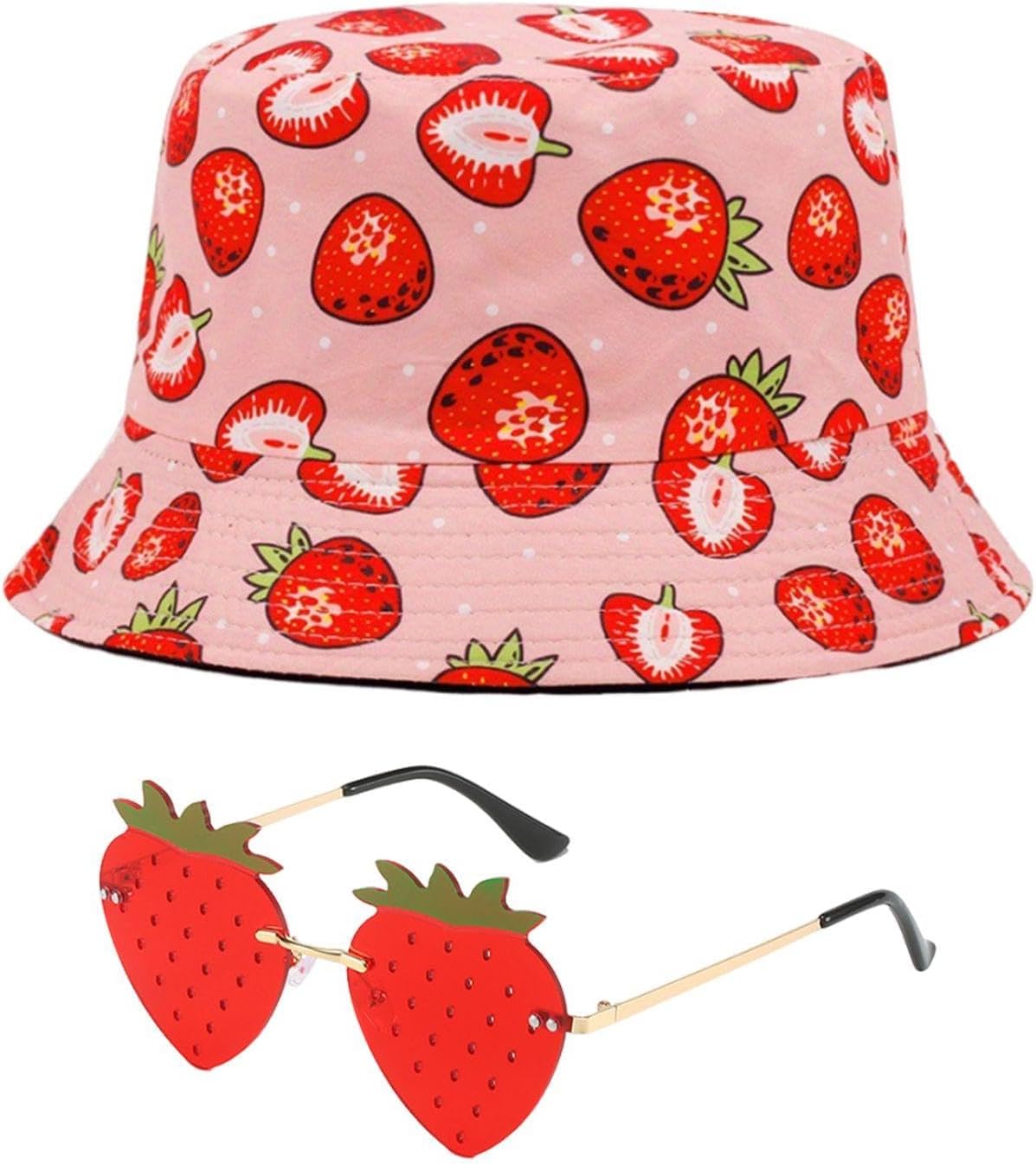 1 Piece of Strawberry Bucket Hat and 1 Piece of Strawberry Glasses, Women's Sun Protection Hat, Uv Protection Hat, Creative Sunglasses, Party Sunglasses, Fashion Accessories