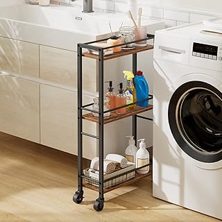 Slim Rolling Cart, Mobile Kitchen Cart on Wheels, Narrow Storage Cart for Small Space, Wooden Service Cart, for Bathroom, Laundry, Living Room, Rustic Brown RCHR1501Z