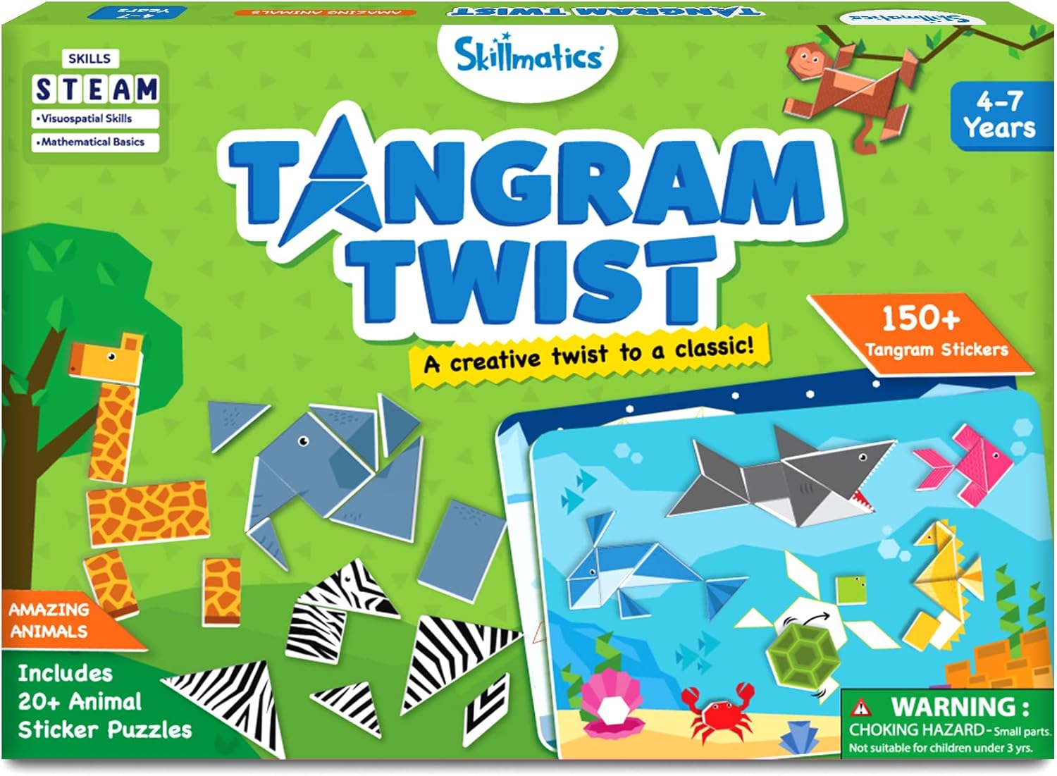 Skillmatics Tangram Sticker Puzzles - Educational Art & Craft Activity with 150+ Foam Tangram Stickers, Christmas Fun, Creative Toys & Games, Gifts for Boys & Girls Ages 4, 5, 6, 7