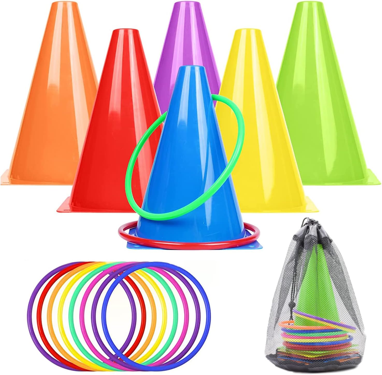 SoftcuteLee 3 in 1 Toss Game Set Hoops and Cones with Bean Bags Training Game for Indoor Outdoor Activity Birthday Party Supplies for Kids Children & Adults - 17Pcs (Multicolor)