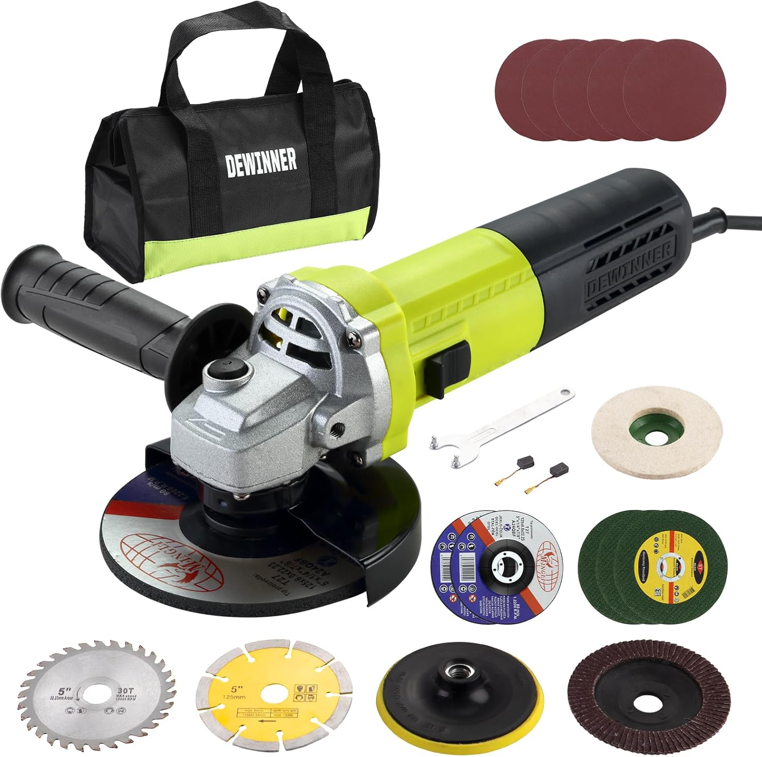 DEWINNER Angle Grinder Power Tool 1000W 2000-12000 RPM with 20 Accessorie,125mm Corded Angle Grinder with Canvas Handbag, Used for Cutting and Grinding, Polishing, Metal, Wood, Ceramic, Stone