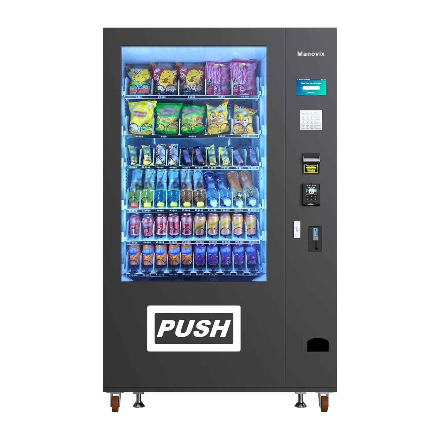 Manovix Refrigerated Beverage Vending Machine for Business, Large 60 Slots Snack Drink Combo Commercial Vending Machine Durable Cashless Vending Machine with Card Reader and Bill Coin Acceptor