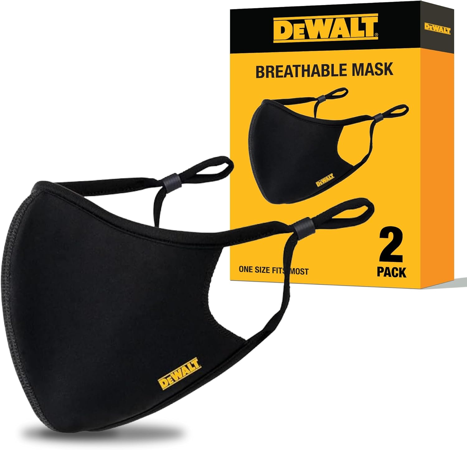 DEWALT Breathable Cloth Face Masks — Adjustable Earloops and Removable Neckstrap — Black — 2-Pack