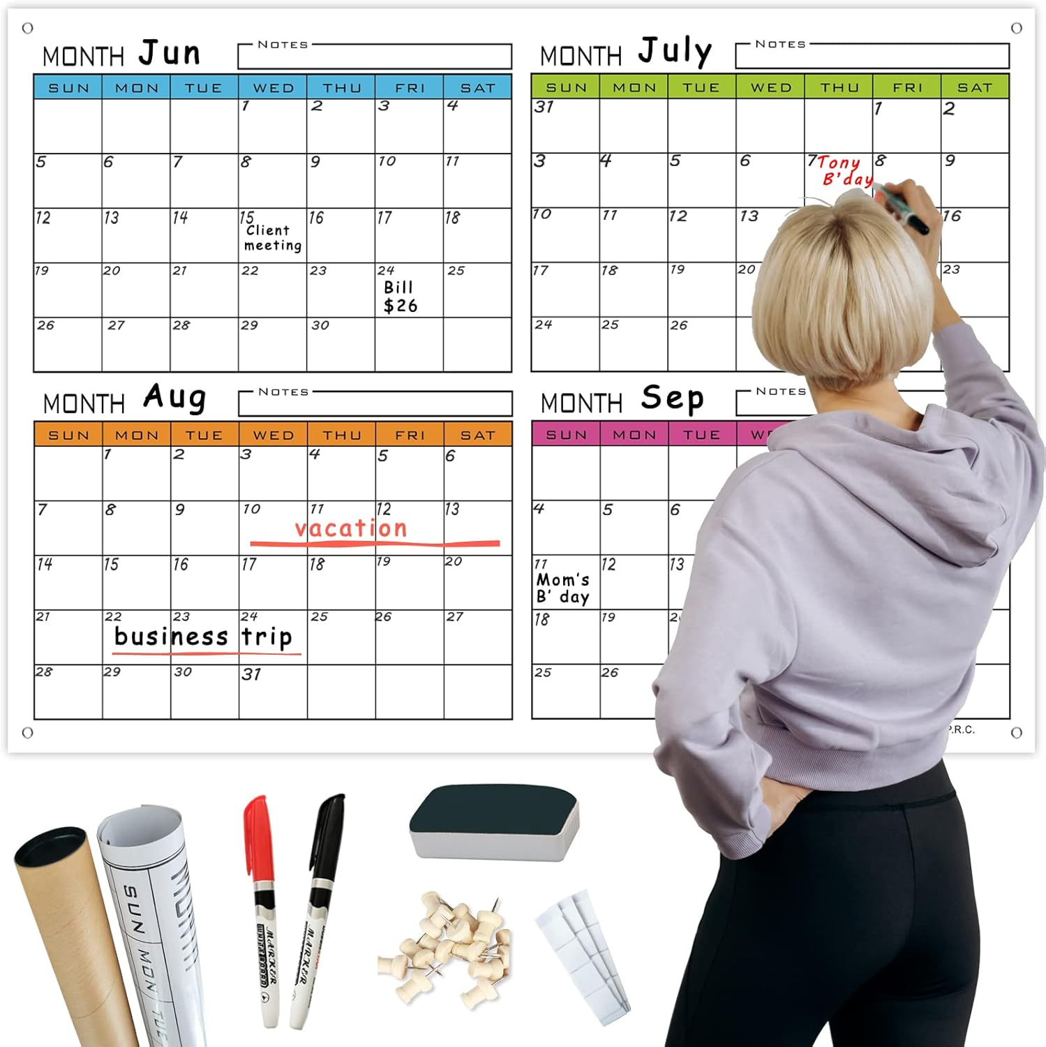 Dry Erase Calendar For Wall 4 Month,Large Blank Laminated Whiteboard Calendar,Oversized 120 Day Wall Planner,Four Month Jumbo Undated Erasable Schedule Poster For Home,Office,Classroom 24x36 Inch