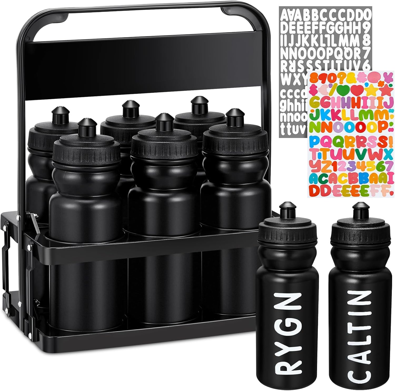 Suclain 7 Pcs Water Bottle Carrier with 20 Oz Bottles and Stickers Plastic Wide Mouth Sports Water Bottle Squeeze Team Bottles with Black Lid for Fitness Bike Gym (Black)