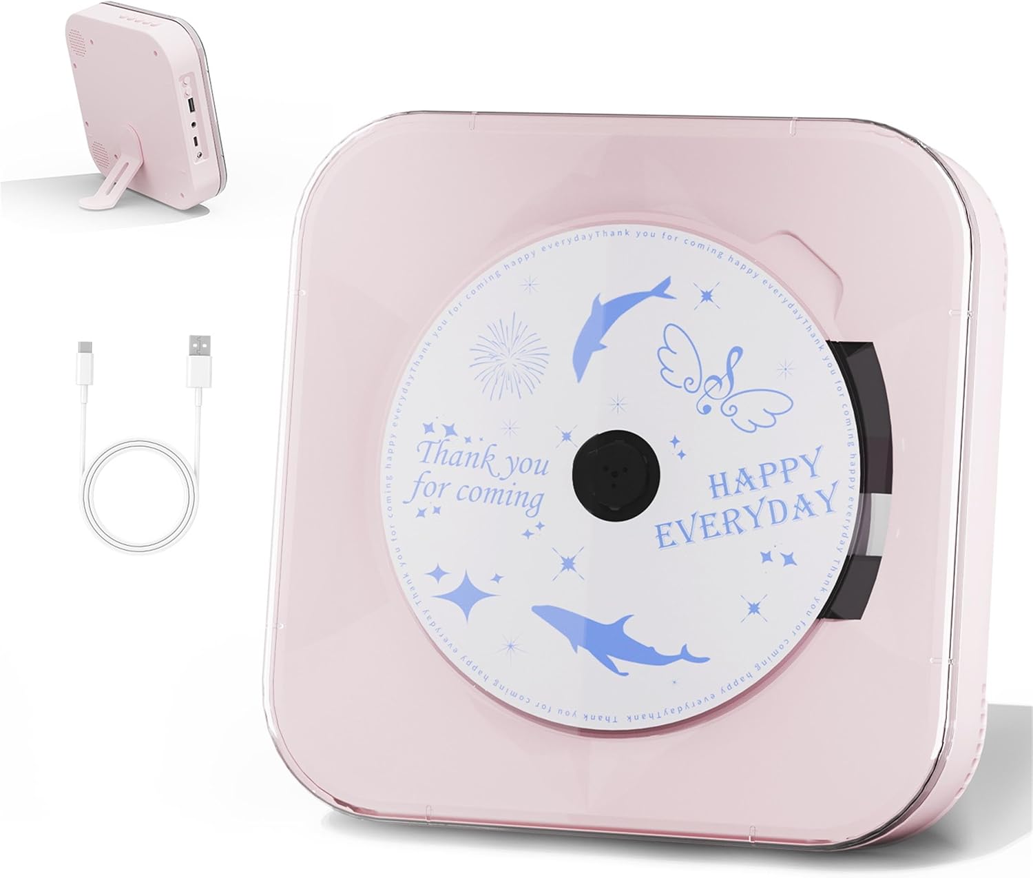 Compact CD Player with Transparent Lid, USB/Bluetooth Connectivity, Pink