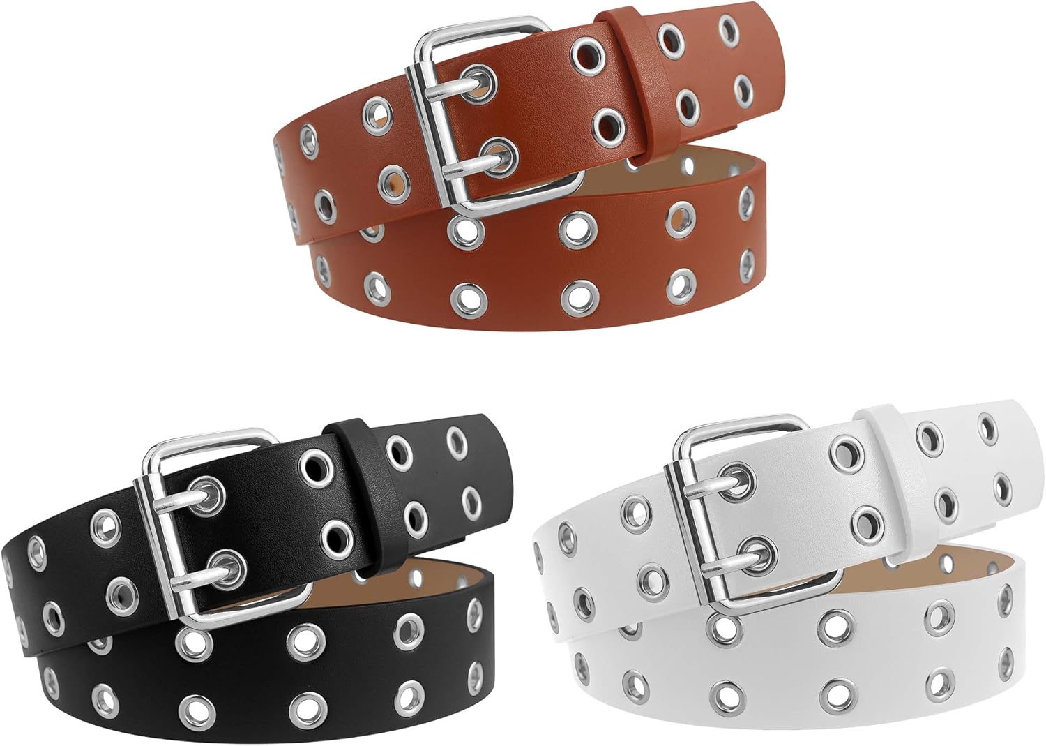 Women's PU Leather Belt Double Grommet Soft Faux Leather Waist Belt