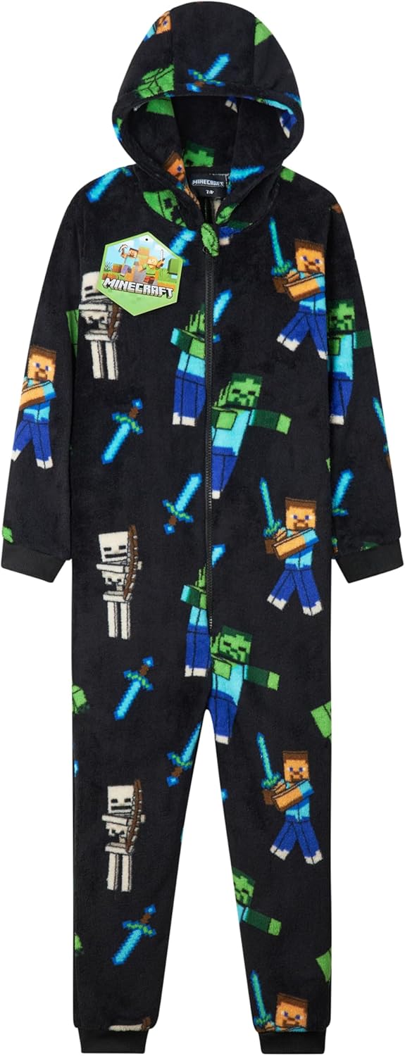 Minecraft Boys Fleece Hooded One-Piece Pajamas, Warm Fleece Hooded Loungewear Suit for Boys - Gifts for Gamers