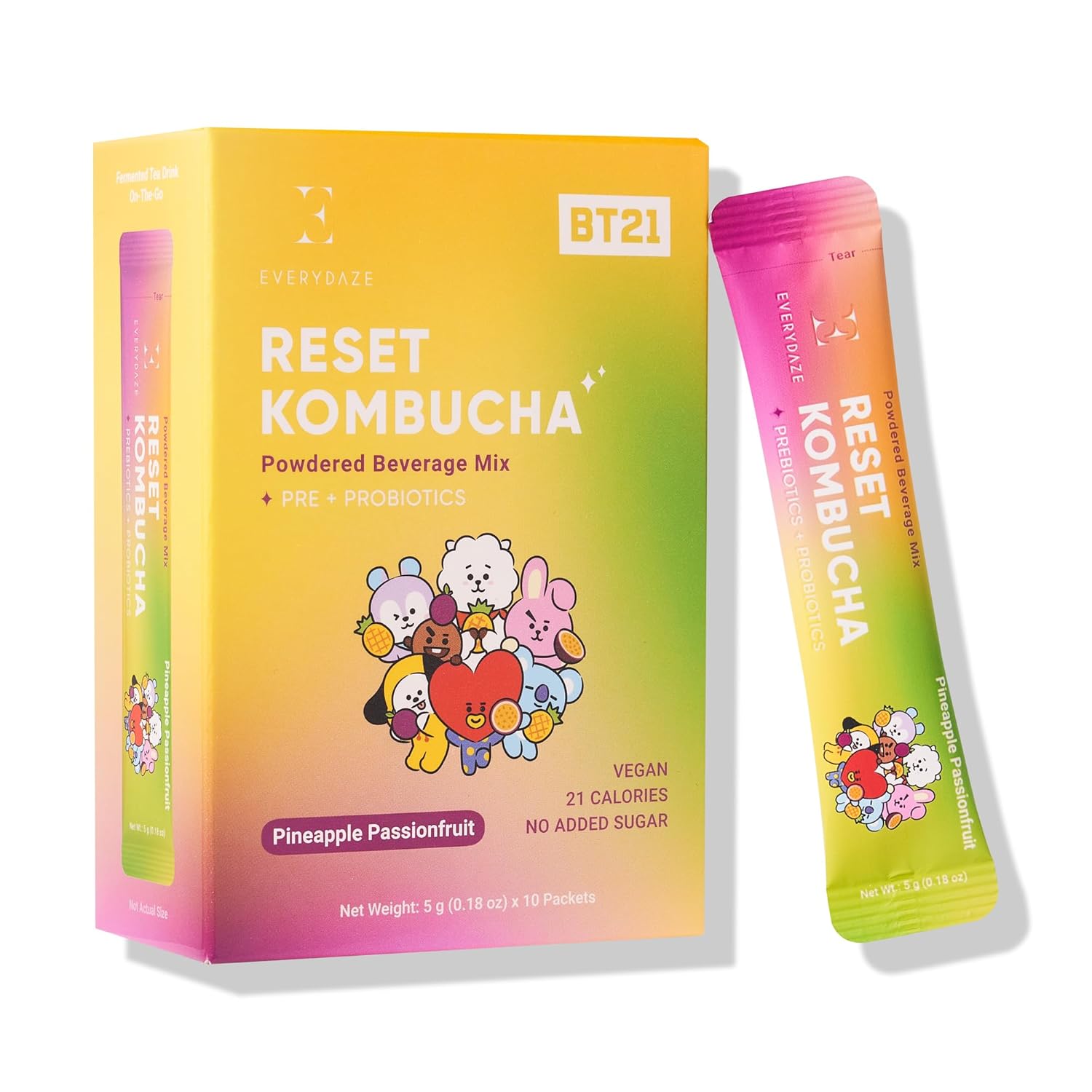 Everydaze BT21 Reset Kombucha Tea Powdered Beverage Mix | 10 Sticks | Prebiotics + Probiotics | Vegan | No Added Sugar, Gluten Free, Sparkling Powder Drink Pack (Pineapple Passion Fruit)