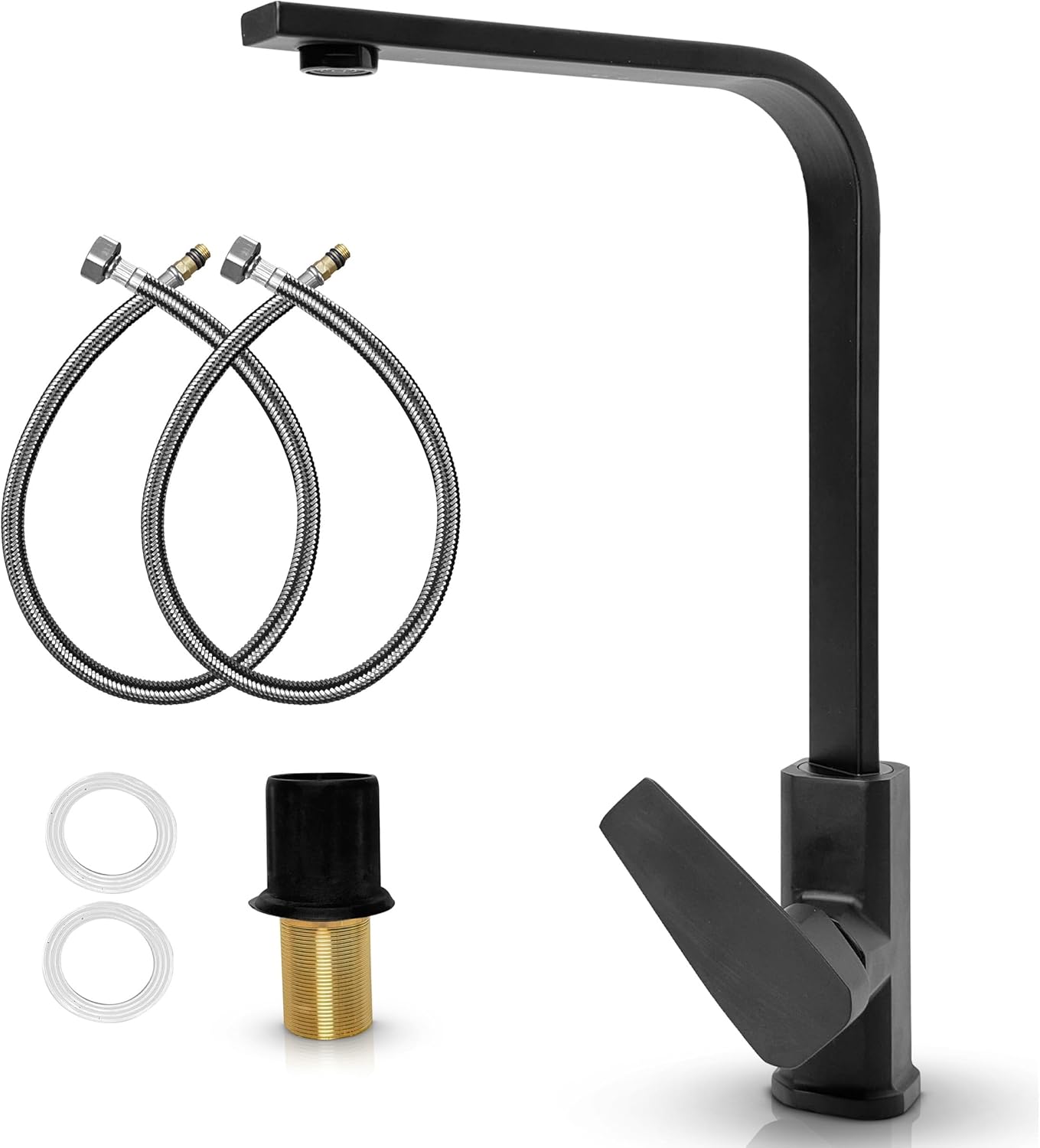 MSC Gooseneck Modern Black Kitchen Taps with 360° Swivel Spout - Kitchen Mixer Tap for Kitchen Sink with 1 Hole Single Lever, Stylish and Durable Kitchen Faucet - BlKTap