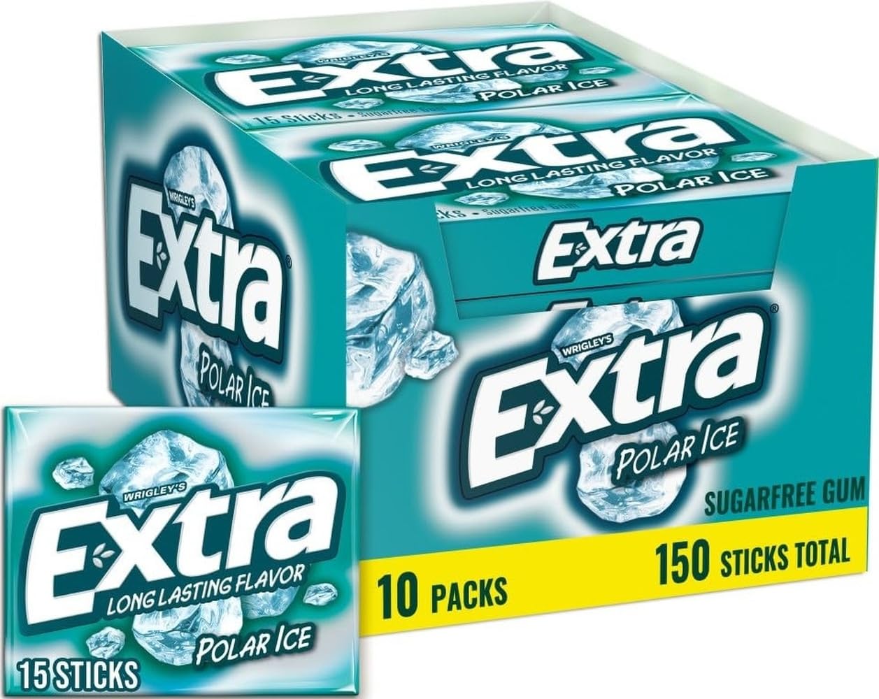 EXTRA Gum Polar Ice, Sugarfree Mint Chewing Gum Bulk Pack, 15 Ct, 10 Pack | Long Lasting Cool Mint Flavor for Fresh Breath, Individually Wrapped Bulk Packs for Sharing, Great for School, Work, Travel