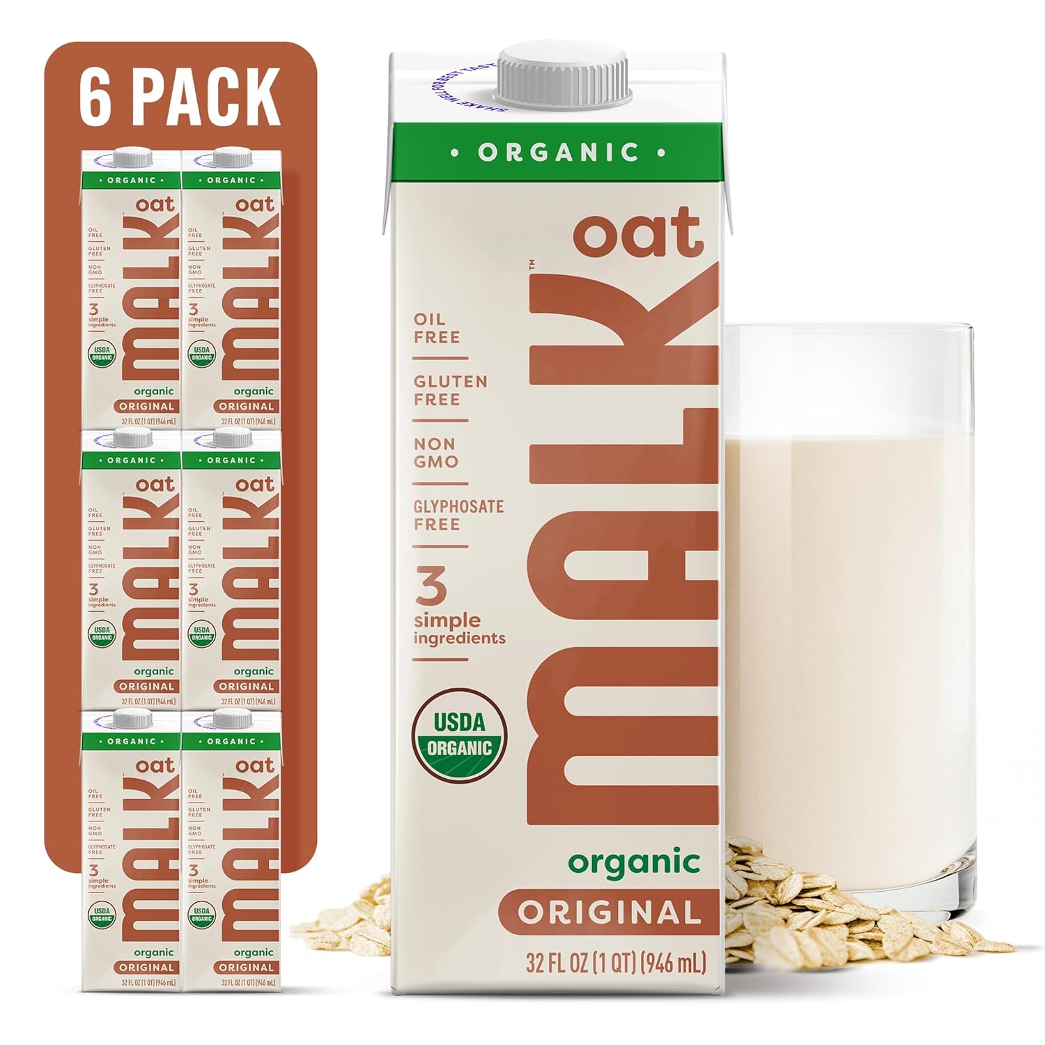 MALK Oat Milk (32oz, Pack of 6) Original Shelf Stable Organic Oat Milk, Non GMO, Dairy Free, Vegan, Plant Based, No Gums or Fillers - Barista Malk Oatmilk for Smoothies, Cereal, Creamy Lattes, Coffee