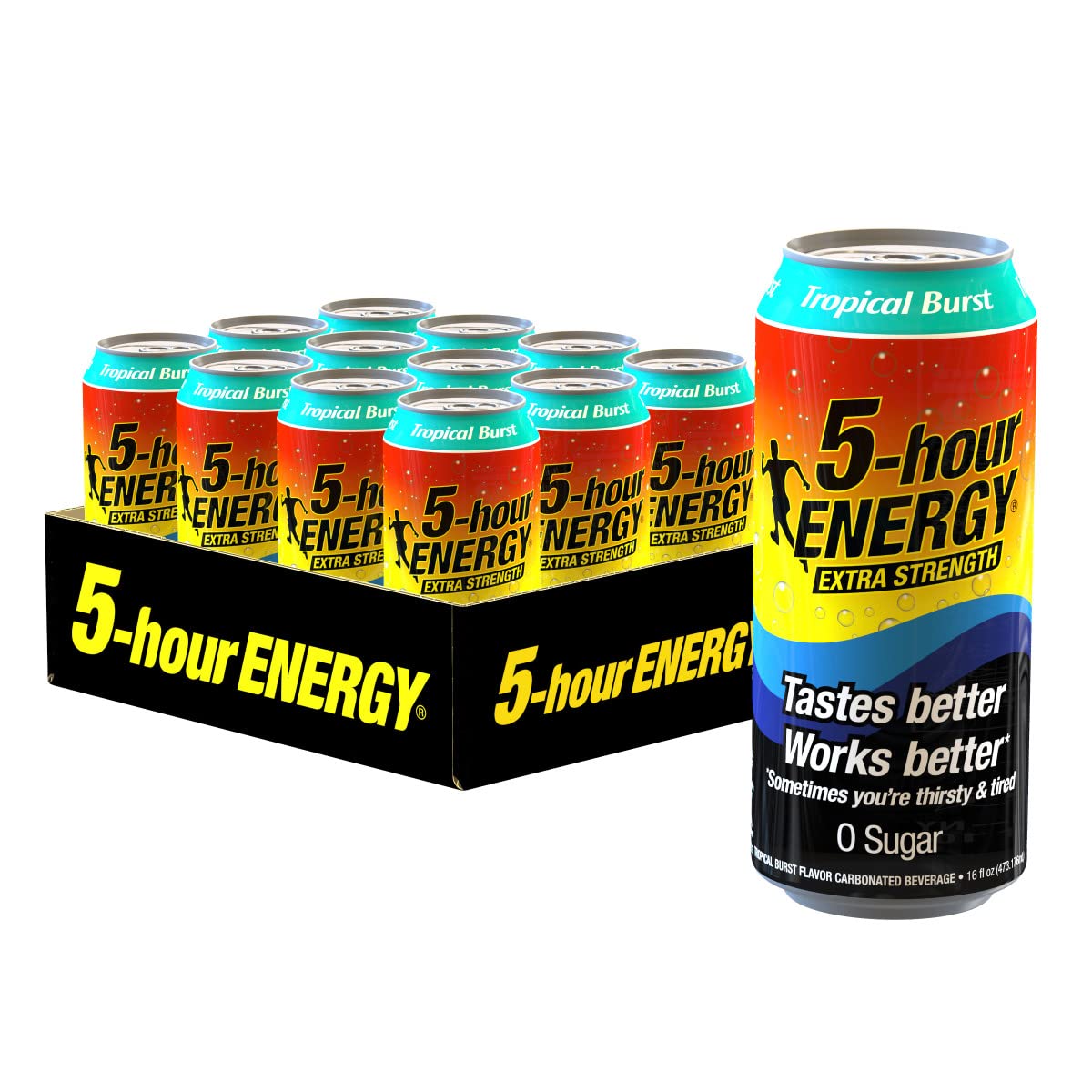 5-hour ENERGY Extra Strength Energy Drink | Tropical Burst Flavor | 16 oz. Cans | 12 Count | Sugar-Free & Zero Calories | Vitamins & Amino Acids | Contains Carbonation & 230mg of Caffeine