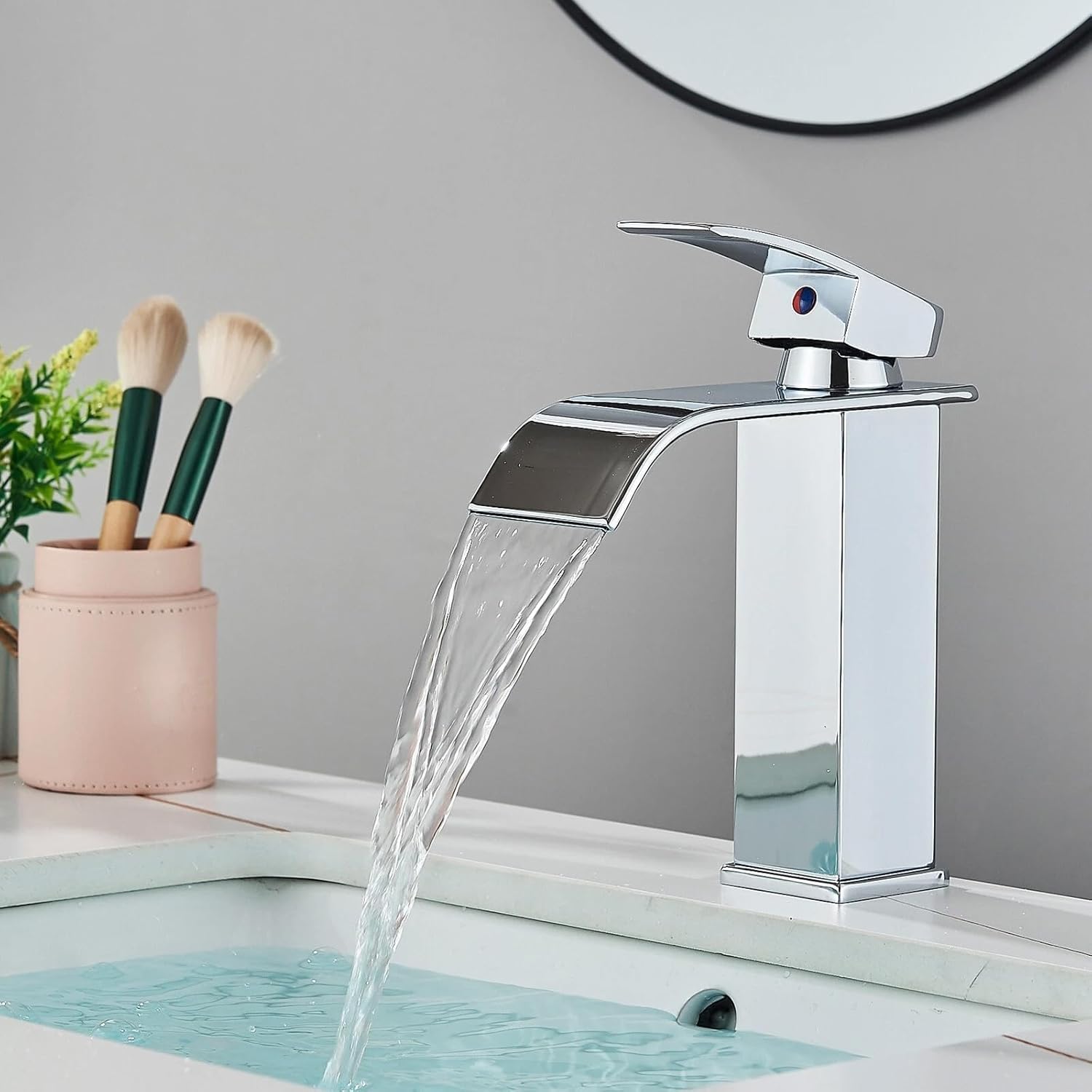 Basin Mixer Tap Waterfall Bathroom Sink Taps Square Stainless Steel Cold and Hot Modern Cloakroom Taps Mono Water-Saving, Energy-Saving (Silver, Black-Gold)