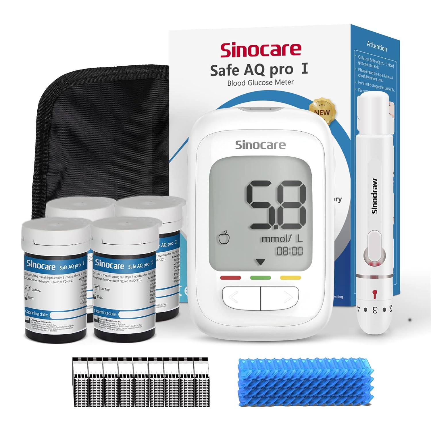 Sinocare Blood Sugar Monitor, Safe AQ pro I Blood Glucose Monitor with Ketone Warning, Diabetes Testing Kit, 100pcs Strips & 100pcs Lans., 500 Memory, Blood Sugar Test Kit for Home Use, mmol/L