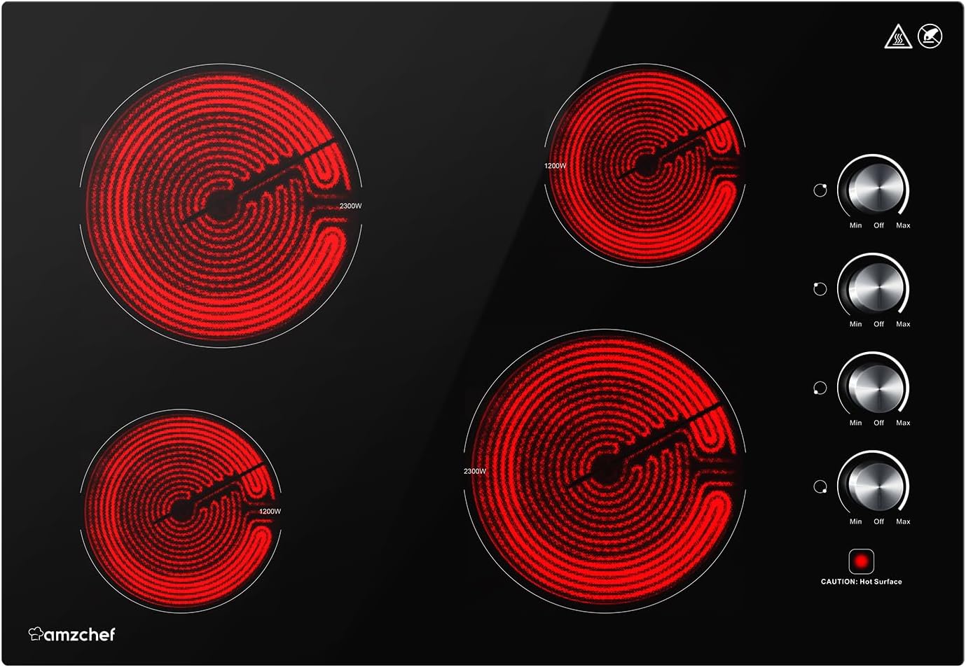 AMZCHEF 30 Inch Electric Cooktop, Built-in with 4 Burners Max 7000W with ETL Safety Certified, 30" Glass Ceramic Cook Top,Knob control, Hot Surface Indicator,220V - 240V Hard Wire, No Plug