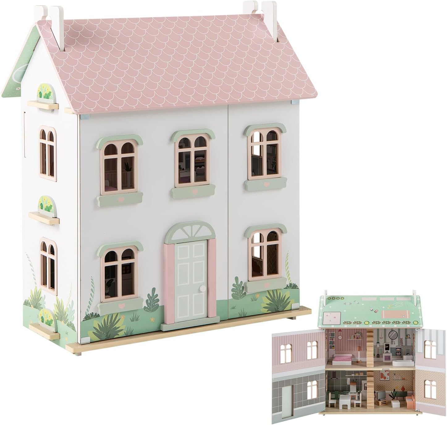 Maxmass 3-Storey Kids Dollhouse, Wooden Children Doll House with Double-sided Roof, 5 Rooms, Openable Door, 19PCS Furniture Accessories, Toddler Pretend Dolls House Playset for 3+ Years Old