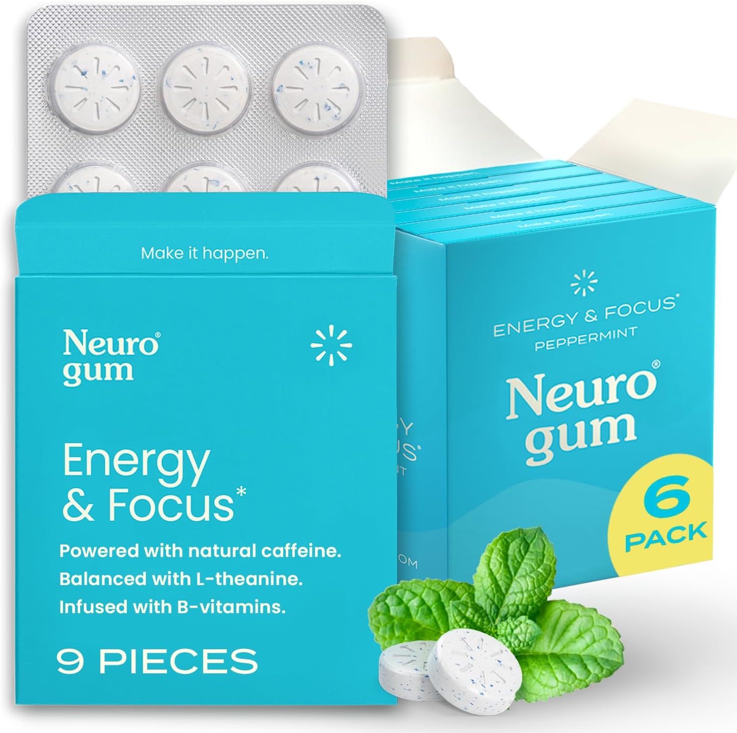 NeuroGum Energy & Focus Gum (54 Count-6 Pack, Peppermint) | 40mg Natural Caffeine + L-Theanine + Vitamin B12 & B6 + Xylitol | Sugar Free Nootropic Cognitive Brain Performance Supplement