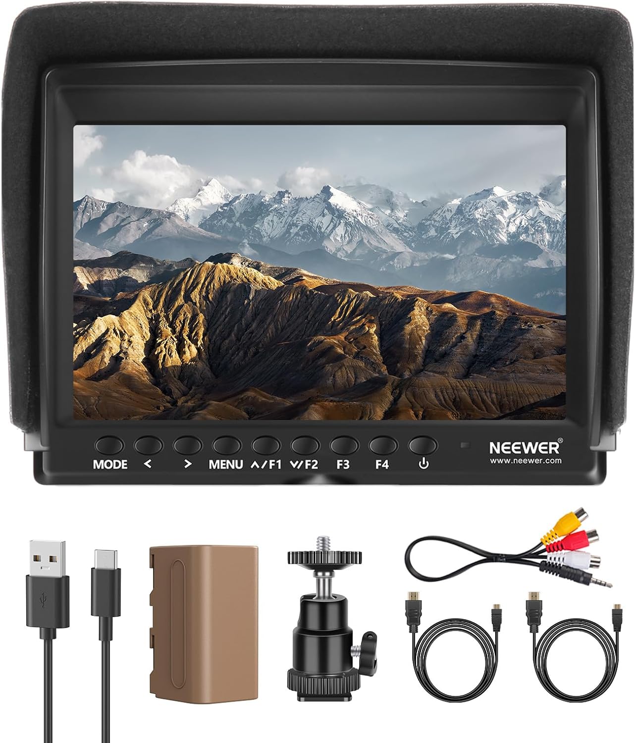 NEEWER F100 7 Inch Camera Field Monitor HD Video Assist IPS 1280x800 HDMI 1080p with 4400mAh F750 Battery, Sunshade Hood & 360° Ball Head for DSLR Cameras, Handheld Stabilizer, Film Video Making Rig