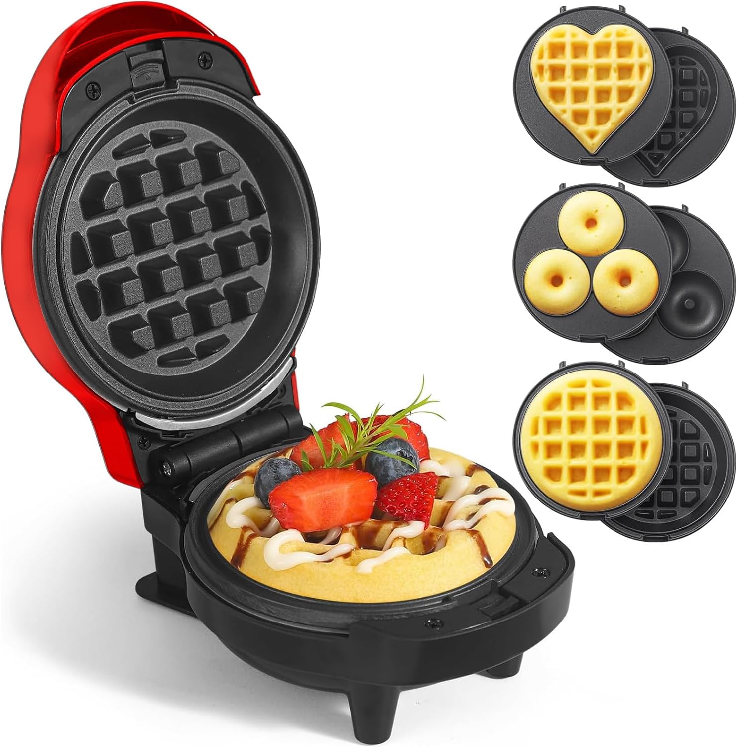 AHDXKUE 3 in 1 Waffle Maker Set Mini Waffle Maker Donut Maker with Changeable Plates, Non-Stick Pancake Maker for Snack, Food, Desserts, Waffles, Sandwiches, Family