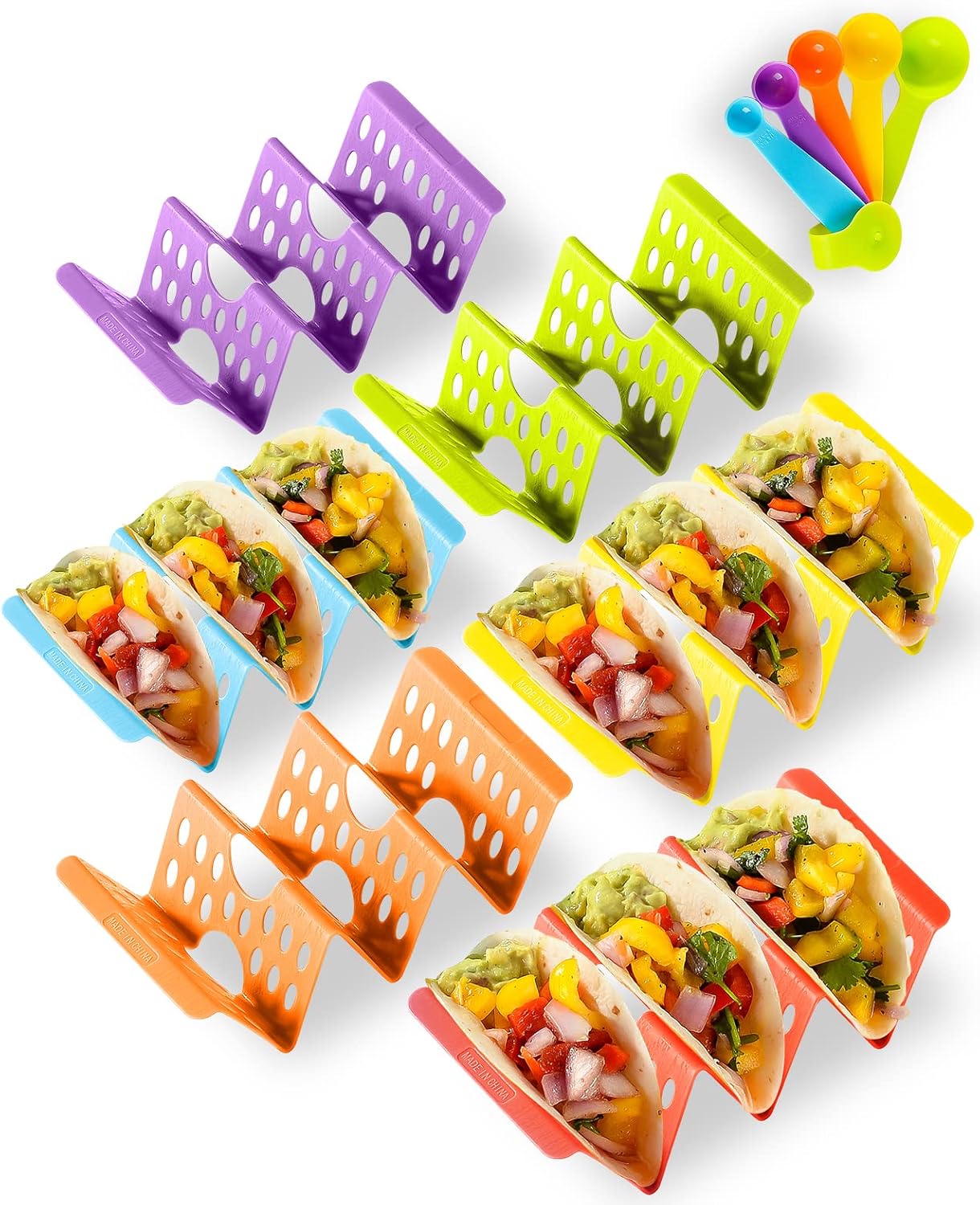 Premium Taco Holder Stand, Colorful Large Taco Holders Set of 6 or 4, Taco Stands for 3 Tacos for Soft/Hard Shells, Street Taco Rack with Plates & Tray, Dishwasher & Microwave Safe