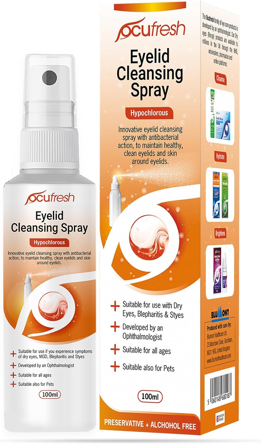 Ocufresh Eyelid Cleansing Spray - Hypochlorous - MGD, Blepharitis & Stye Relief - Antibacterial, Alcohol & Fragrance-Free, pH Neutral - with Atomizer Spray- Daily Use-100ml