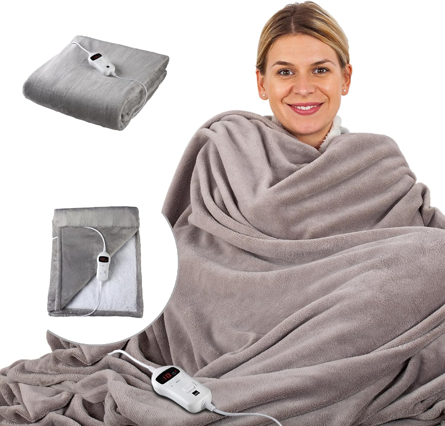SENSIOHOME Luxury Heated Throw Fast Heat Up Electric Blanket, Warm Cosy Flannel Fleece, 10 Heat Settings, Timer and Overheat Protection, Machine Washable, Digital Remote, Grey