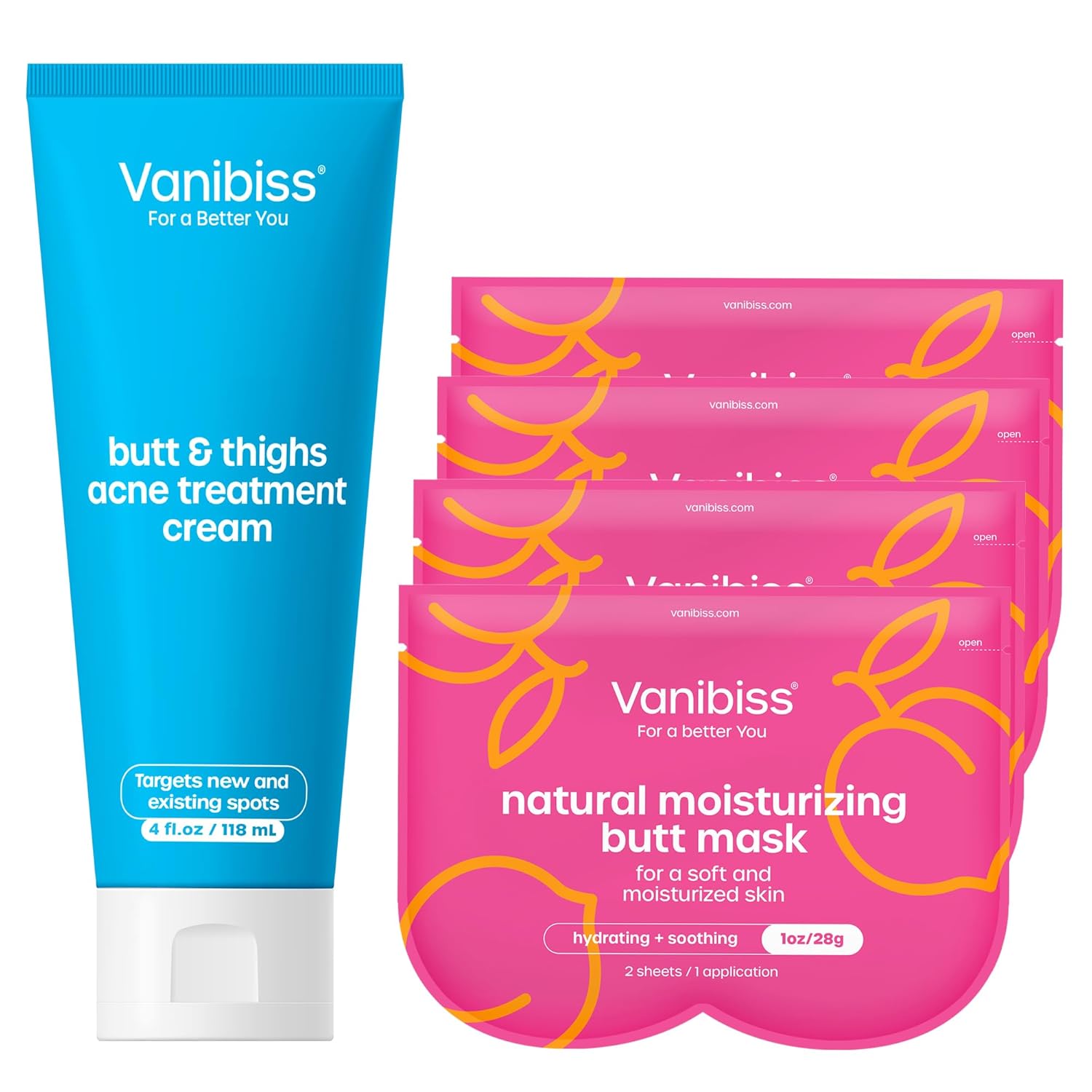 Vanibiss Butt & Thighs Acne Treatment Cream & 4 Moisturizing Butt Masks - Bundle