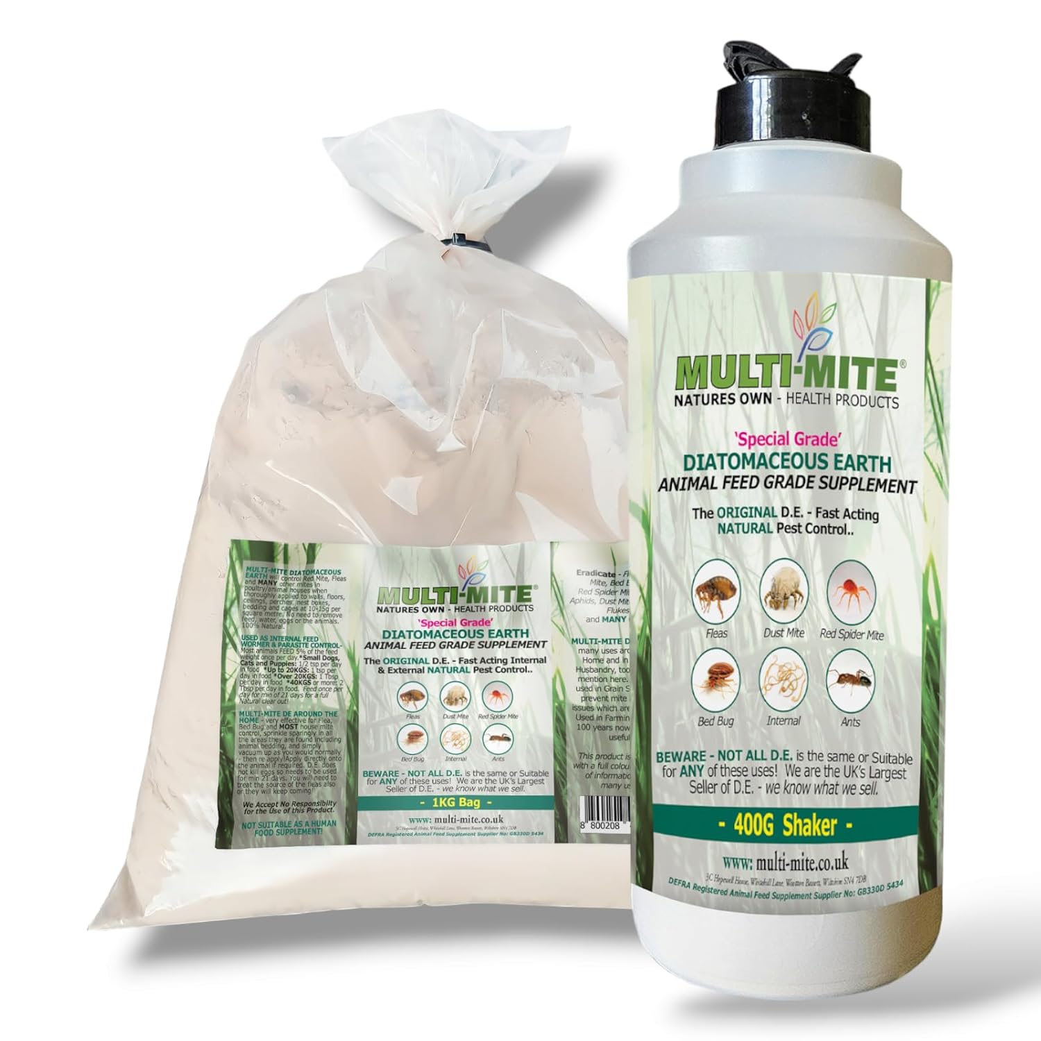 Multi-Mite® 400G SHAKER PLUS 1KG REFILL Feed Grade DE Diatomaceous Earth - Red Mite Fleas and All Animal Lice Control Powder