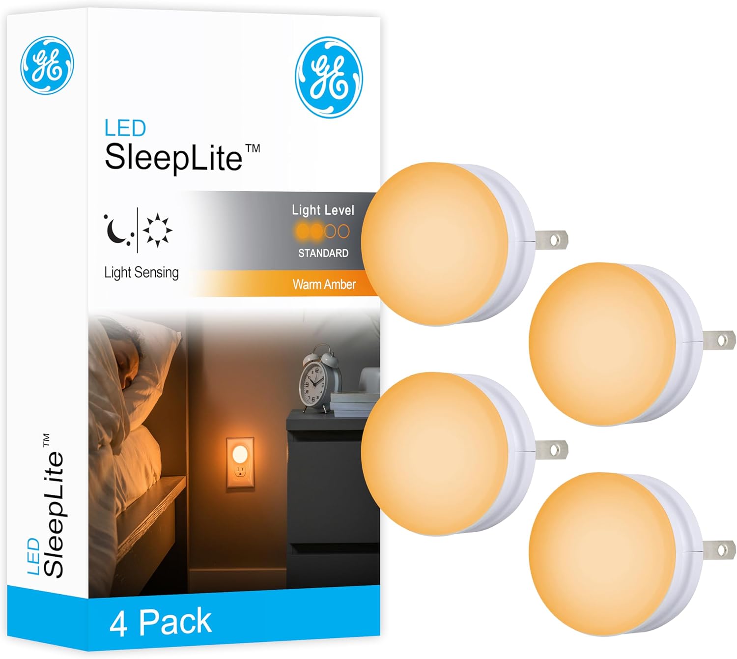 GE SleepLite LED Night Light, 4 Pack, Dusk-to-Dawn Sensor, Sleep Light, Dim Light, Warm Amber, Compact, Ideal for Bedroom, Nursery, Bathroom, Hallway,45041, 4 Count