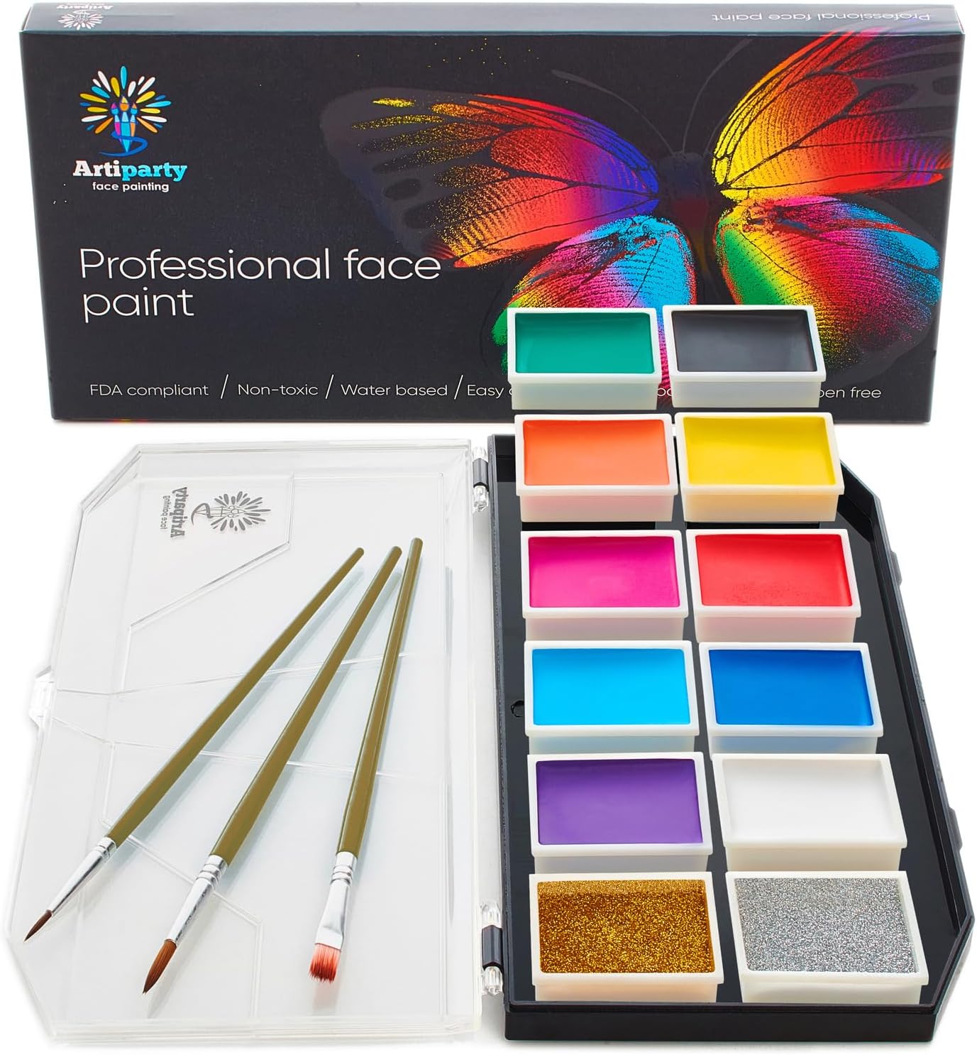 Face Paint Kit - Dermatologically Tested, Non-Toxic & Hypoallergenic - Professional Painting for Kids & Adults - Cosplay Makeup - Easy to Apply & Remove - Leakproof Dry Glitters