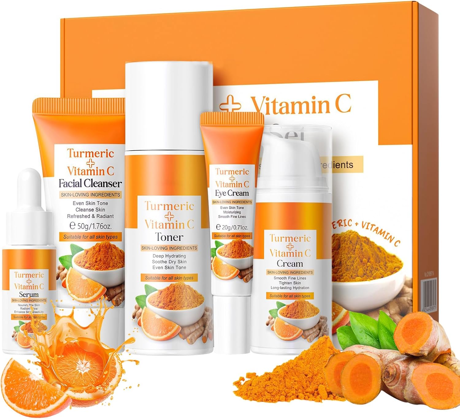 Weixinbuy Turmeric Vitamin C Skincare Set, 5 In 1 Women Gift Set Turmeric Face Cleanser Toner Serum Eye Cream and Face Cream, Even Skin Tone Anti Aging Skincare Gift Set (Turmeric + Vitamin C)