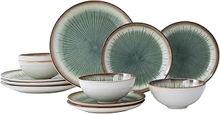 Dinnerware Set Green Stoneware 12 Pieces Service for 4, Stoneware Plates and Bowls Set Highly Chip and Crack Resistant Stoneware Set, Dishwasher Microwave Safe Dishes set