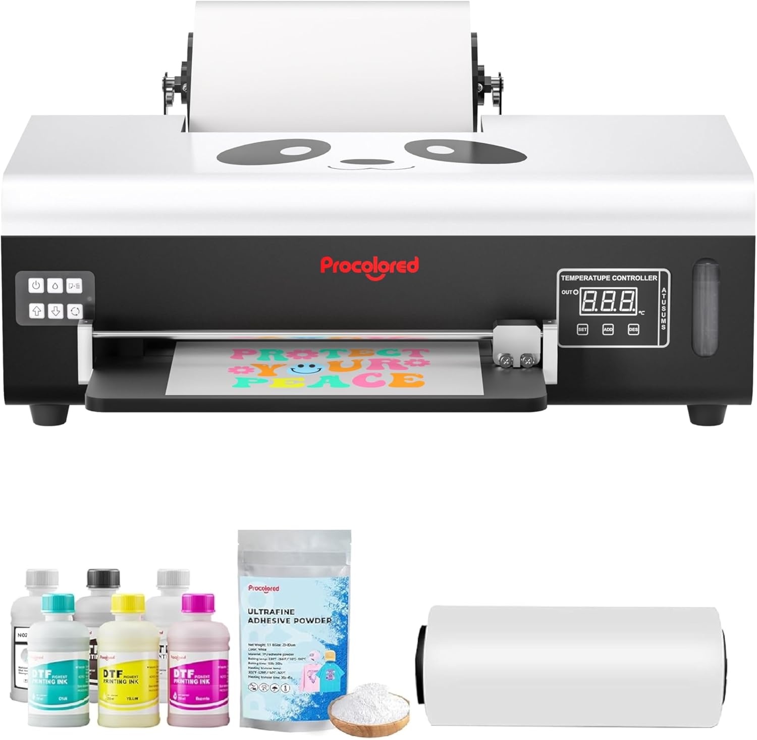 Procolored F8 DTF Apparel Printer A4 L800 Panda Transfer Printing Machine with White Ink Circulation Roll Feeder with 6 x 250ml Ink and 100m Film