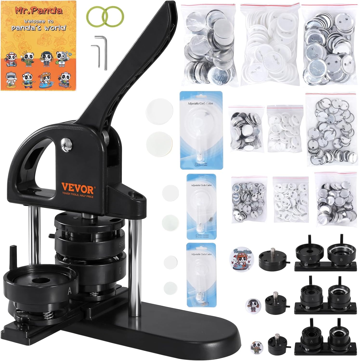 VEVOR Button Maker, 1/1.25/2.28 inch(25/32/58mm) 3-in-1 Pin Maker with 300pcs Button Parts, Ergonomic Arc Handle Punch Press Kit, Button Maker Machine with Panda Magic Book, for Children DIY Gifts