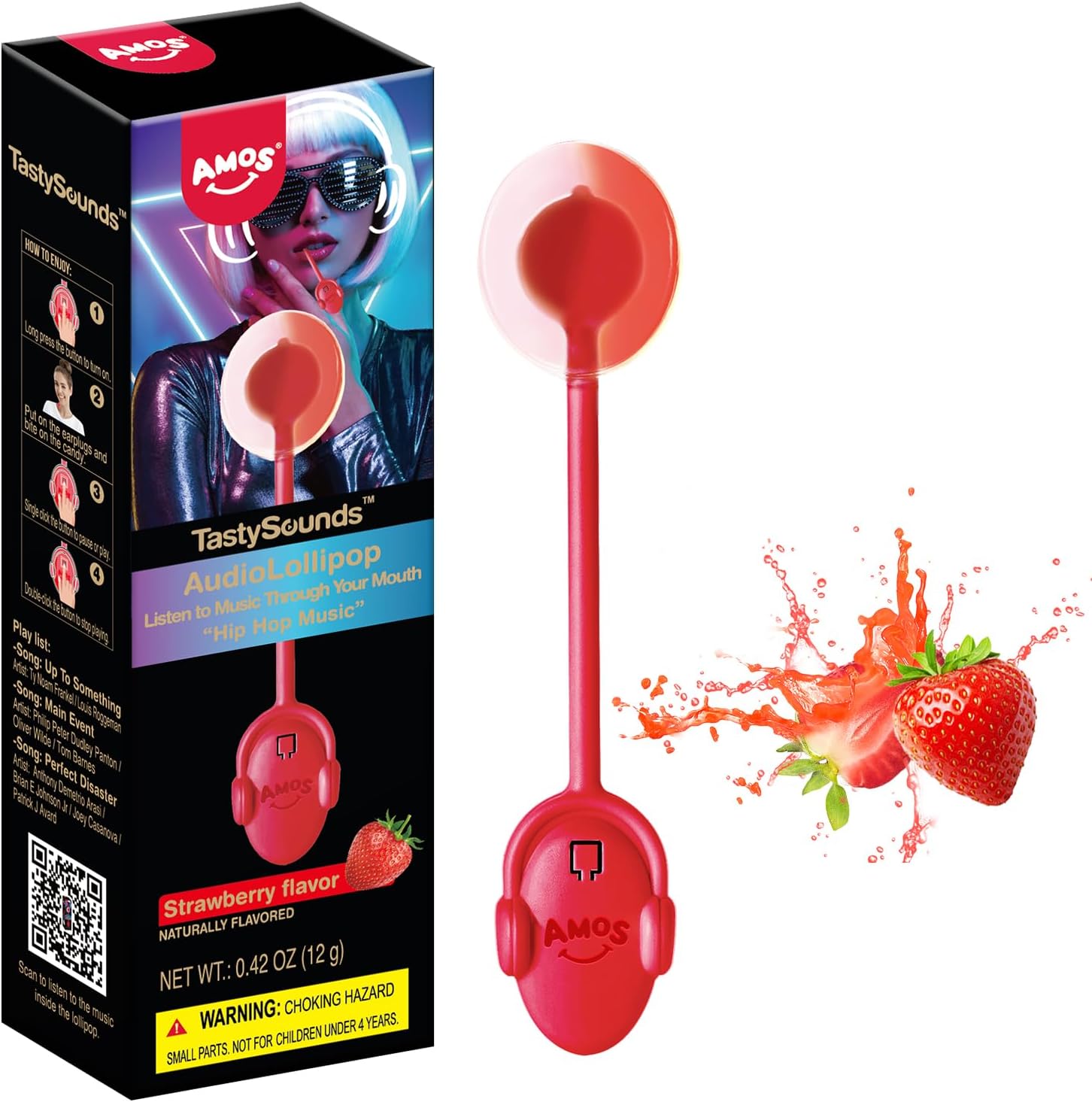 Amos Music Lollipop Candy, Strawberry Flavor Audio Musical Lollipop, Individually Wrapped Natural Perfect Party Favor Gift